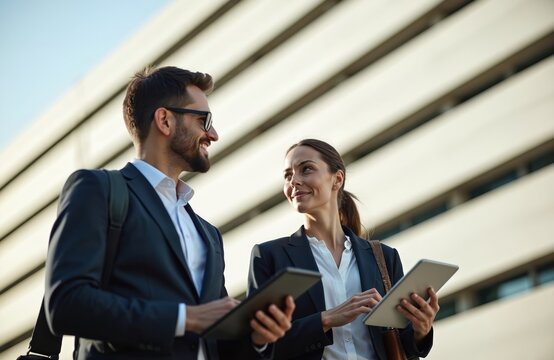 Business partners in suits discuss project using tablets outdoors. Man, woman share ideas near modern office building. Professionals collaborate in urban setting, showing teamwork success,
