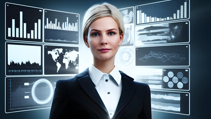 Businesswoman in front of a digital dashboard displaying various data visualizations.