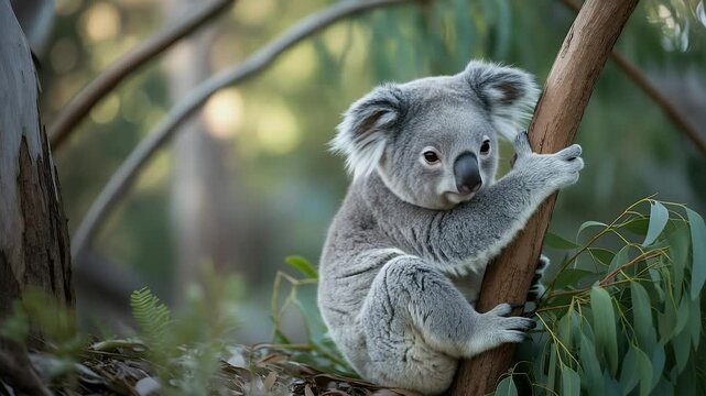 Koala on Eucalyptus Branch: An adorable koala bear clings to a eucalyptus tree branch, its soft gray fur contrasting with the vibrant green foliage.