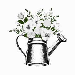 Water can with a bouquet flowers spring Image Vector Isolated on white background.