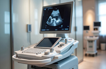 Modern medical ultrasound scanner used in clinics, hospitals for diagnostics. Features advanced technology with clear display showing fetus scan, monitor, control panel. Essential tool for healthcare