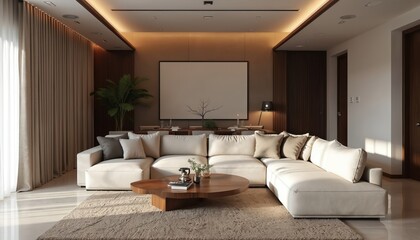 Modern living room features plush sectional sofa, stylish coffee table, large blank canvas for art. Neutral palette with warm wood accents, floor-to-ceiling curtains, ambient lighting creates serene,