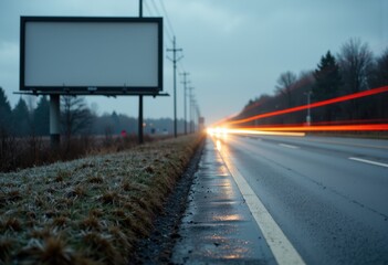 Empty highway with light trails and a large billboard under a cloudy sky