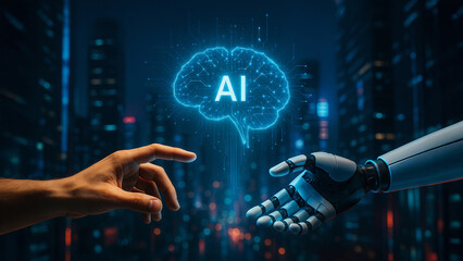 Human and Robot Hands Connecting with Futuristic AI Brain Hologram in Cyberpunk City