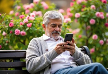 Elderly man with gray hair and beard using a smartphone on a park bench surrounded by pink roses