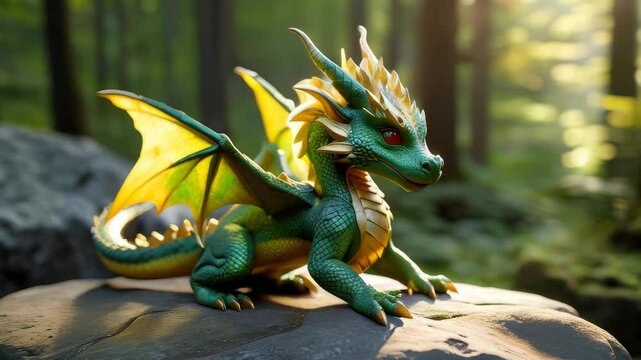 A green dragon is standing on a rock near a waterfall. The dragon has a large head and is surrounded by lush green foliage. The scene is serene and peaceful