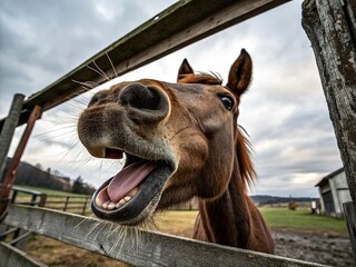 Close-up photo of a horse face sticking tongue out, showing whiskers