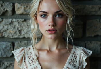 Fototapeta premium Close-up portrait of a young woman with blonde hair and blue eyes against a stone wall background