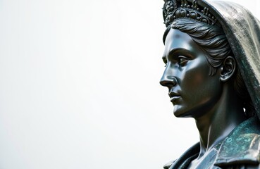 A detailed close-up of a classical bronze statue of a woman with intricate hair and headwear against a plain white background