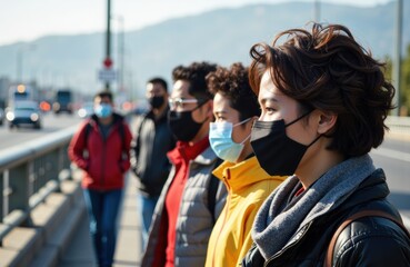 Group of diverse people wearing face masks outdoors on a sunny day