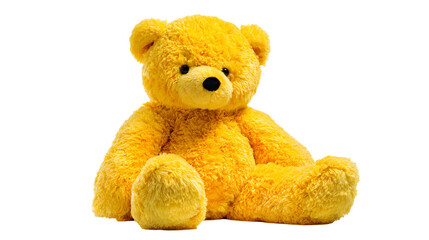 A yellow teddy bear is sitting 