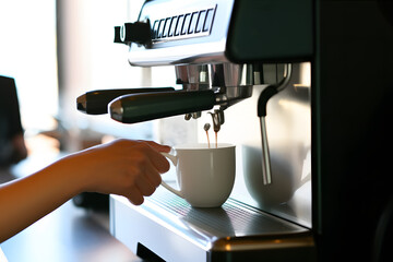 Espresso machine dispensing coffee into a white cup; barista's hand guides the cup.