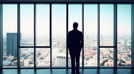 A silhouetted businessman gazes out of a skyscraper window, overlooking a city.