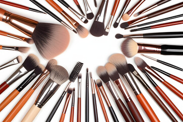 An overhead shot showcasing various makeup brushes arranged in a circular pattern against a white background.