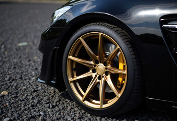 Close-up of a luxury black car's front wheel with gold alloy rim on a gravel surface