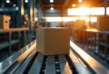 Cardboard box on conveyor belt in warehouse with warm sunlight streaming through windows
