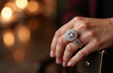 Close-up of a hand wearing an ornate diamond ring with a halo setting on the finger