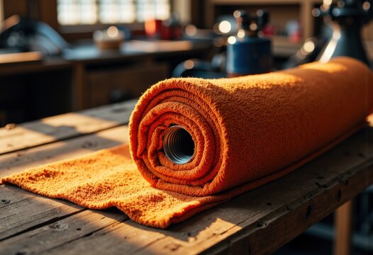 Yoga mat rolled out on wooden table with warm sunlight streaming in, ready for exercise or meditation sessions