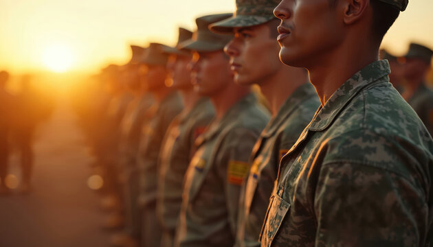Soldiers in formation stand at attention during sunrise ceremony. Golden sunlight bathes troops, honor, dedication, military service. Scene evokes patriotism, teamwork, commitment to duty.