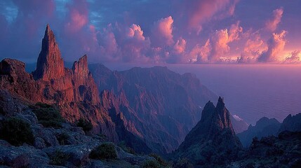 Sunset view of a mountain range with clouds and water in the foreground