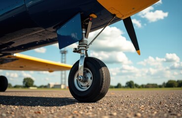 Close-up of an airplane wheel on the runway with a clear sky background