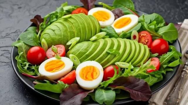 Vibrant salad platter featuring sliced avocado, boiled eggs, and cherry tomatoes on a textured black for healthy eating