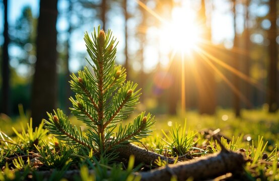 A young pine tree sapling growing in a sunlit forest during golden hour