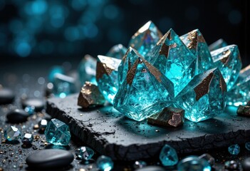 Bright blue crystal cluster with metallic edges on a dark background, illuminated for visual impact