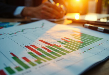 Business analyst reviewing financial charts and data reports in a modern office setting