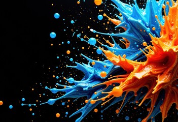 Fototapeta premium Abstract splash of blue and orange paint with dynamic splatters on black background