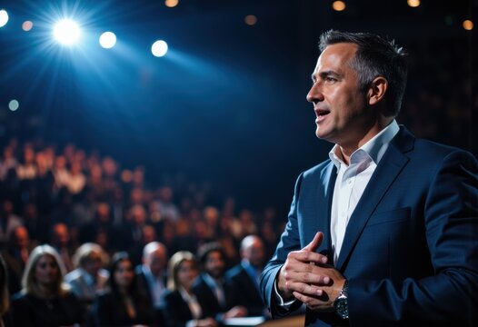 Confident male speaker in a suit addresses an audience during a presentation or conference