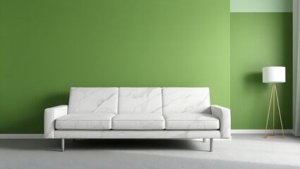 Minimalist green wall with sofa and marble pattern, featuring grey carpet and lamp.