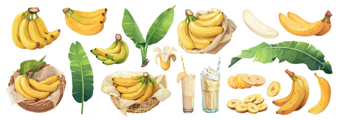 bananas set cartoon. banana leaf cocktail, drink smoothie tropical healthy wholesome food basket bunch green sweet yellow fresh fruit vector illustration