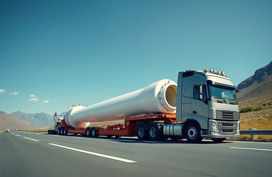 Heavy duty truck transports large wind turbine component on highway. Special trailer carries energy infrastructure part. Sustainable green power industry logistics. Clear blue sky over mountains.