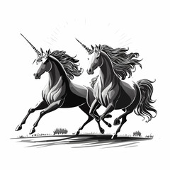 Fantasy Vector of Two Radiant Unicorns Running Together Beneath the Early Morning Golden Sunlight