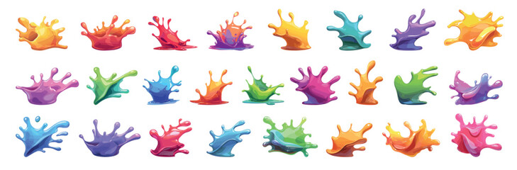 color splash set cartoon. yellow red pink green purple orange blue paint blot, drops bright multicolored vector illustration