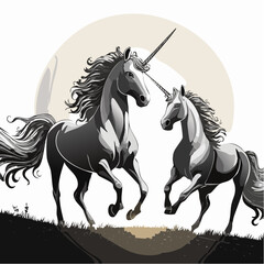 Fantasy Vector of Two Radiant Unicorns Running Together Beneath the Early Morning Golden Sunlight