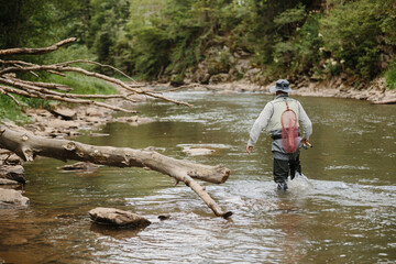 Fisherman walking in river searching for trout