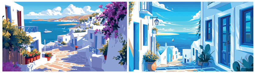 Fototapeta premium greece background cartoon set. white street in seaside town, holiday vacation travel greek landscape facade house city stone path sea summer sunny day vector illustration