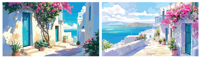Naklejka premium greece background watercolor set. white greek houses landscape, sea vacation rest travel warm sunny bright country descent street stone path blue turf pink flowers trees vector illustration