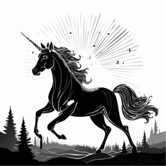 Two Sparkling Unicorns Dashing Through the Morning Light Vector in a Whimsical Fantasy Scene