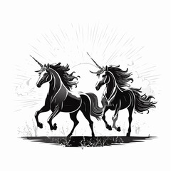 Two Sparkling Unicorns Dashing Through the Morning Light Vector in a Whimsical Fantasy Scene