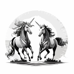 Two Sparkling Unicorns Dashing Through the Morning Light Vector in a Whimsical Fantasy Scene