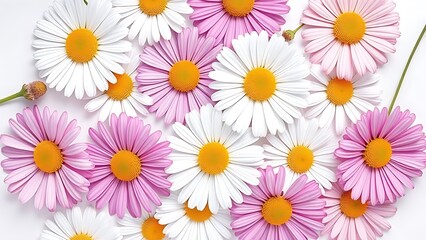Collection of daisy flowers arranged on a white background, bathed in natural daylight.