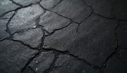 Fototapeta premium Close-up texture of dark gray cracked concrete. Rough granular surface, resembles stone or stucco. Grainy material with fine particle detail, suitable for urban construction or abstract backgrounds.