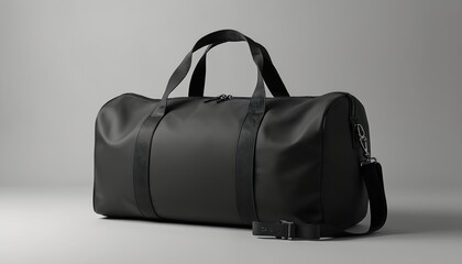 Sleek black duffle bag with smooth lines, perfect for logo placement. Versatile bag features durable straps, zippered main compartment, detachable shoulder strap, ideal for travel, gym, overnight