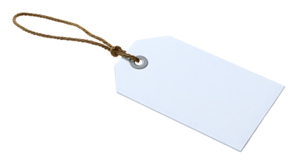 A white tag with a brown cord hanging from