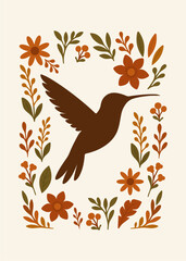 hummingbird silhouette illustration in minimalist boho style with floral elements around. Decoration, background. plants and flowers. neutral colors, brown, beige, terracotta, green. Vector