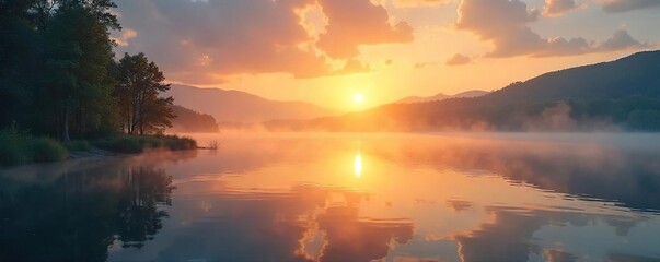 Fototapeta premium Serene Sunrise over Tranquil Lake Golden Light Reflecting on Misty Water, Peaceful and Meditative Scene Perfect for Relaxation, Yoga, and Spiritual Themes