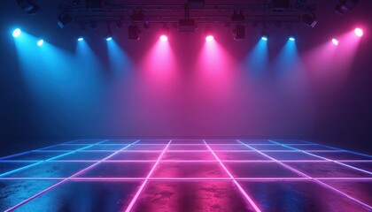 Empty stage with grid floor illuminated by blue and pink neon lights. Spotlights create vibrant atmosphere for photoshoots, product displays, or concerts in a modern studio.